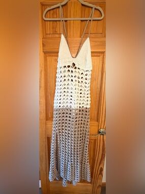 Stunning Boho Crochet Macrame Beach Wedding Dress Front Slit Maxi Strap Handmade